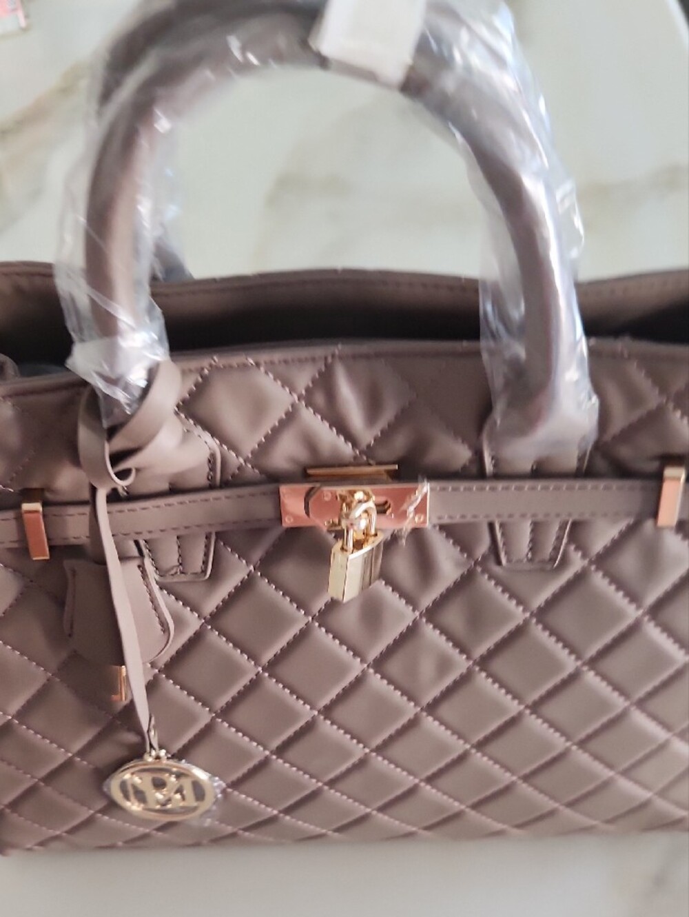 Badgley Mischka Quilted Taupe Satchel with Gold Hardware - Picture 6 of 11